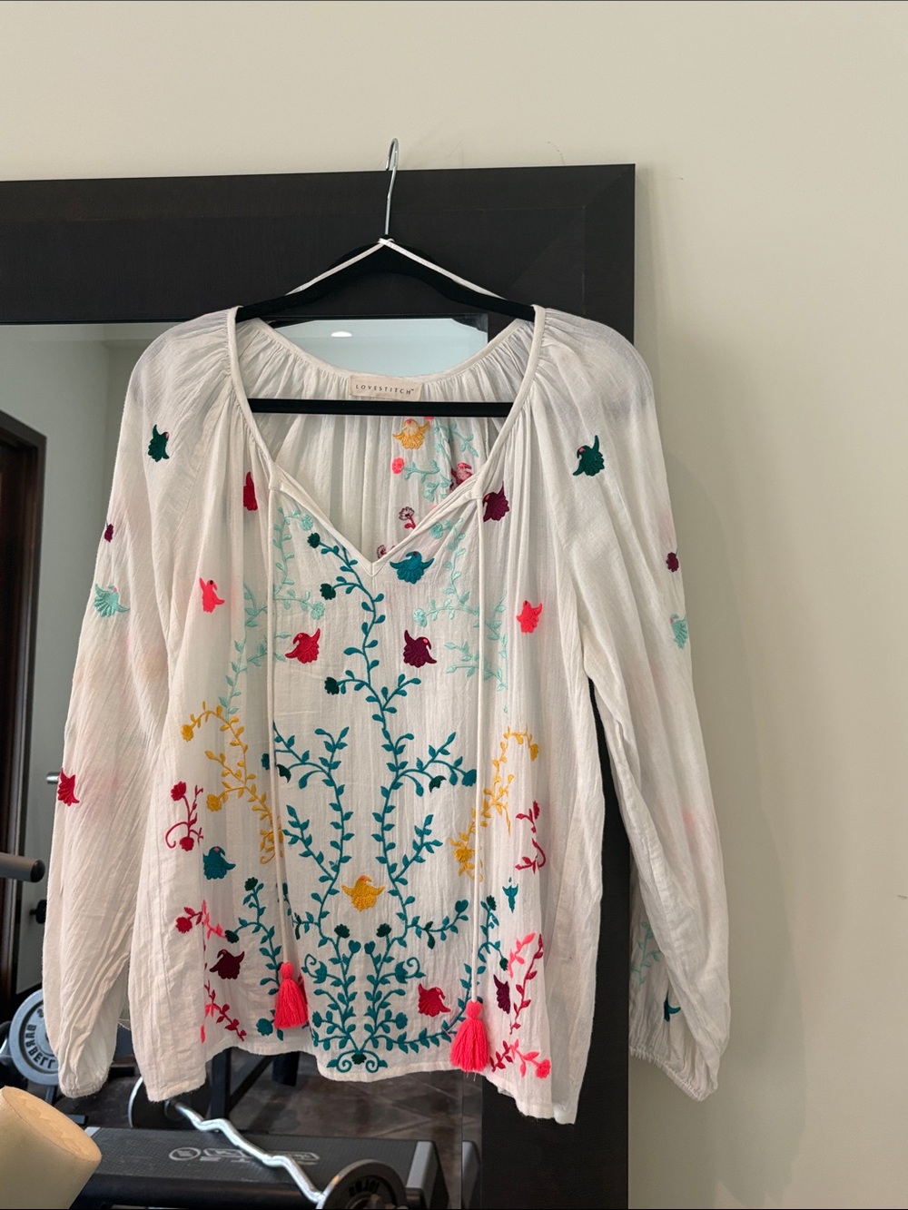 lovestitch White Embroidered Boho Tunic with Teal, Pink & Yellow Accents